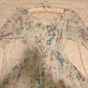 Gauzy Floral Midi Dress With Halter Neck Ties